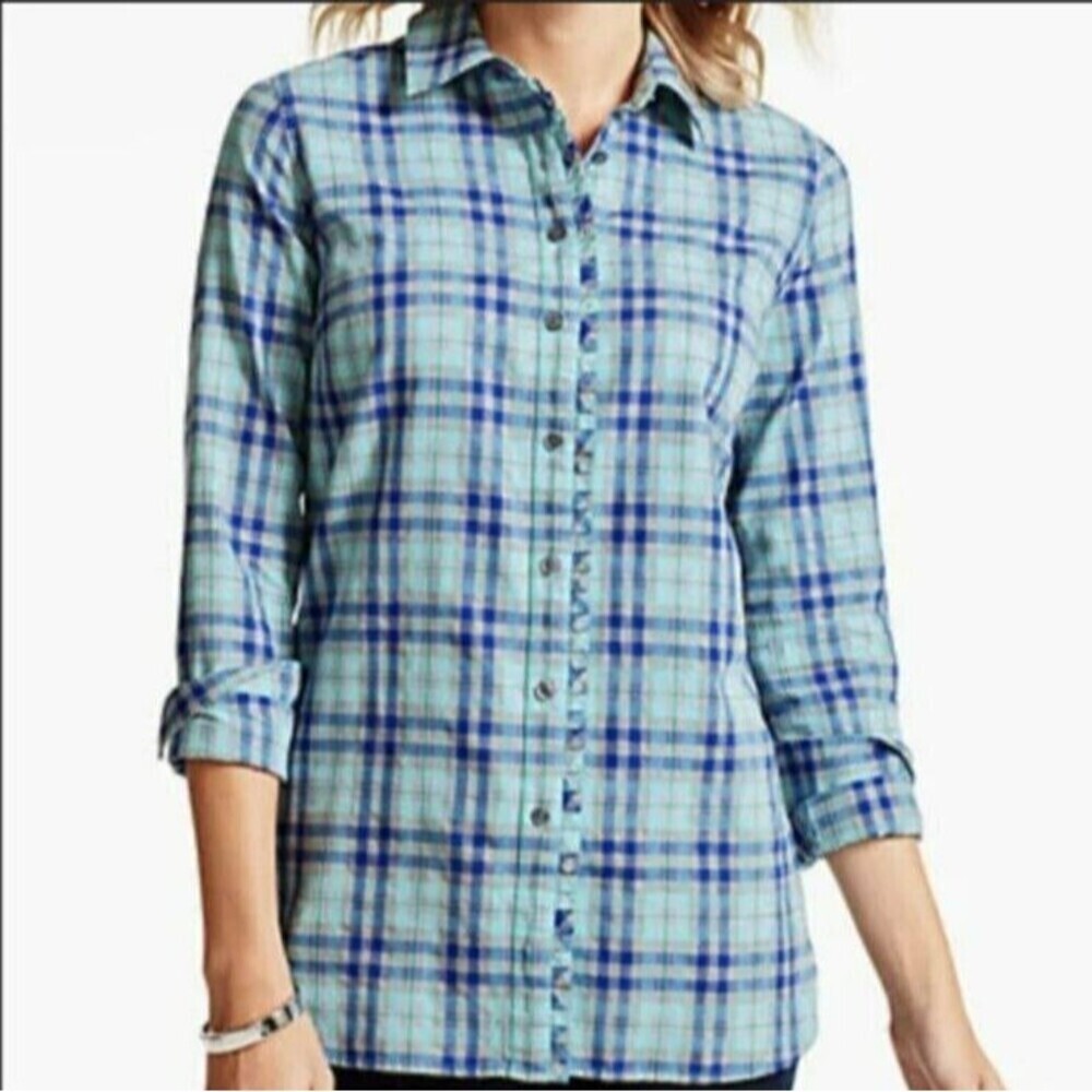 Talbots Small Multicolor Aqua‎ Plaid Shirt Ruffle Long Sleeve Button Up EUC N62